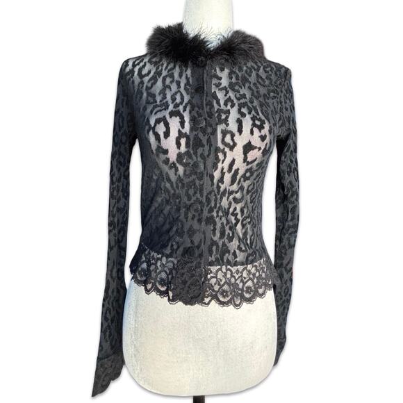 Ann Ferriday Tops - Vintage Ann Ferriday Leopard Print Lace Top Faux Fur Collar Sheer Black Gothic